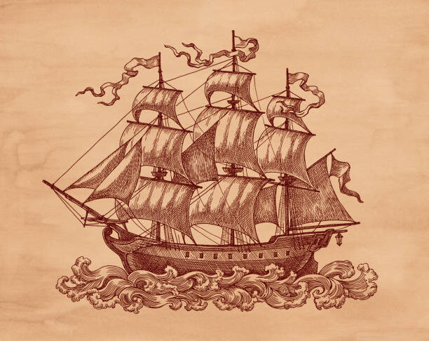 Natalia Barashkova Ilustrace Ship on brown old paper., Natalia Barashkova, 40 × 30 cm