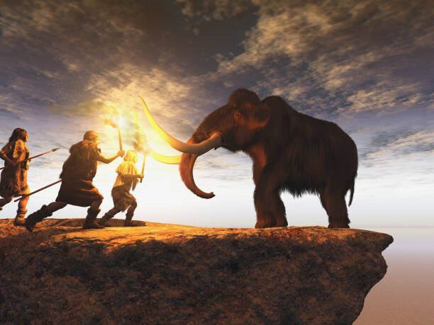 estt Ilustrace Prehistoric men hunting a young mammoth, estt, 40 × 30 cm