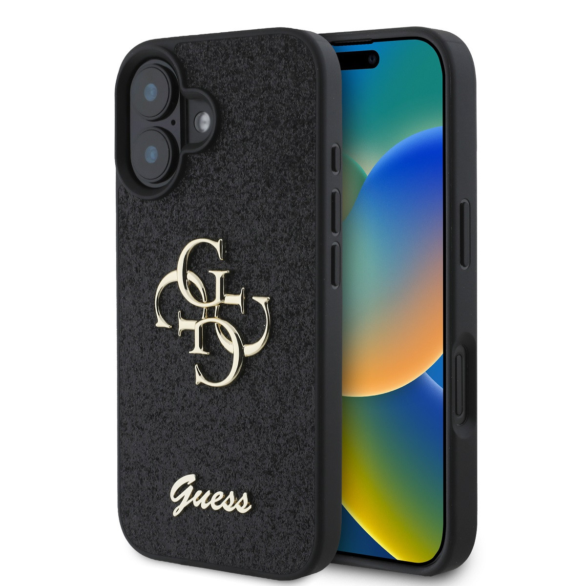 Zadní kryt Guess PU Fixed Glitter 4G Metal Logo pro iPhone 16 Black