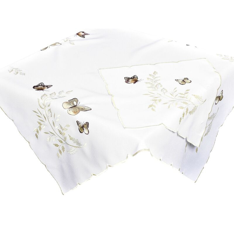 Ubrus celoroční, Motýlí a krémový list vyšívaný, bílý 35 x 35 cm