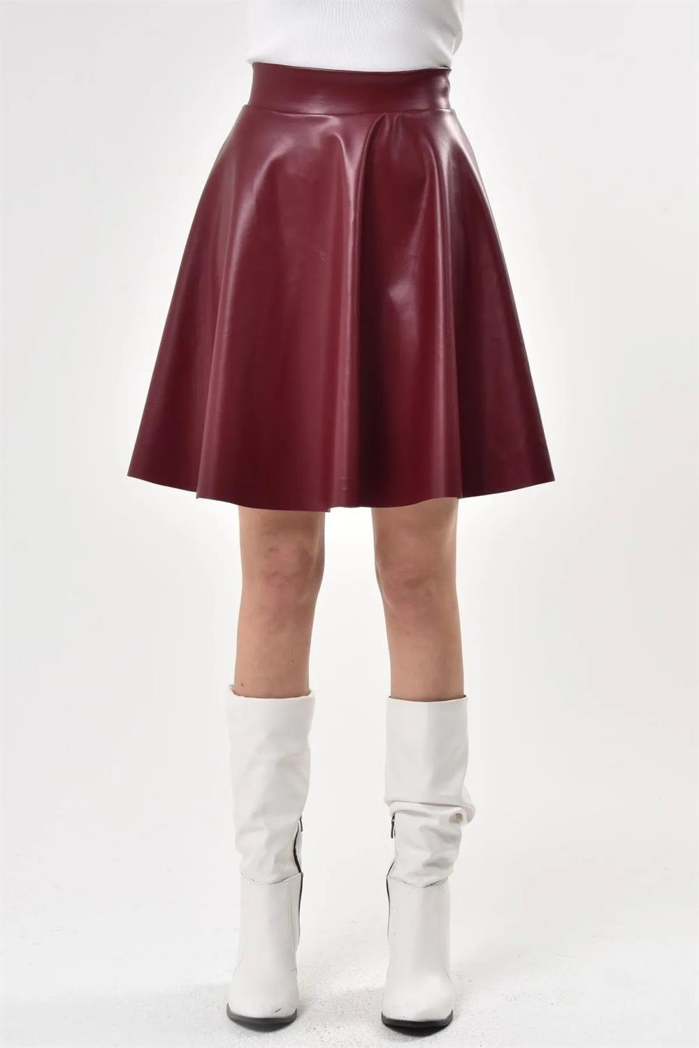 88854 Dewberry Flared Faux Leather Skirt-BURGUNDY