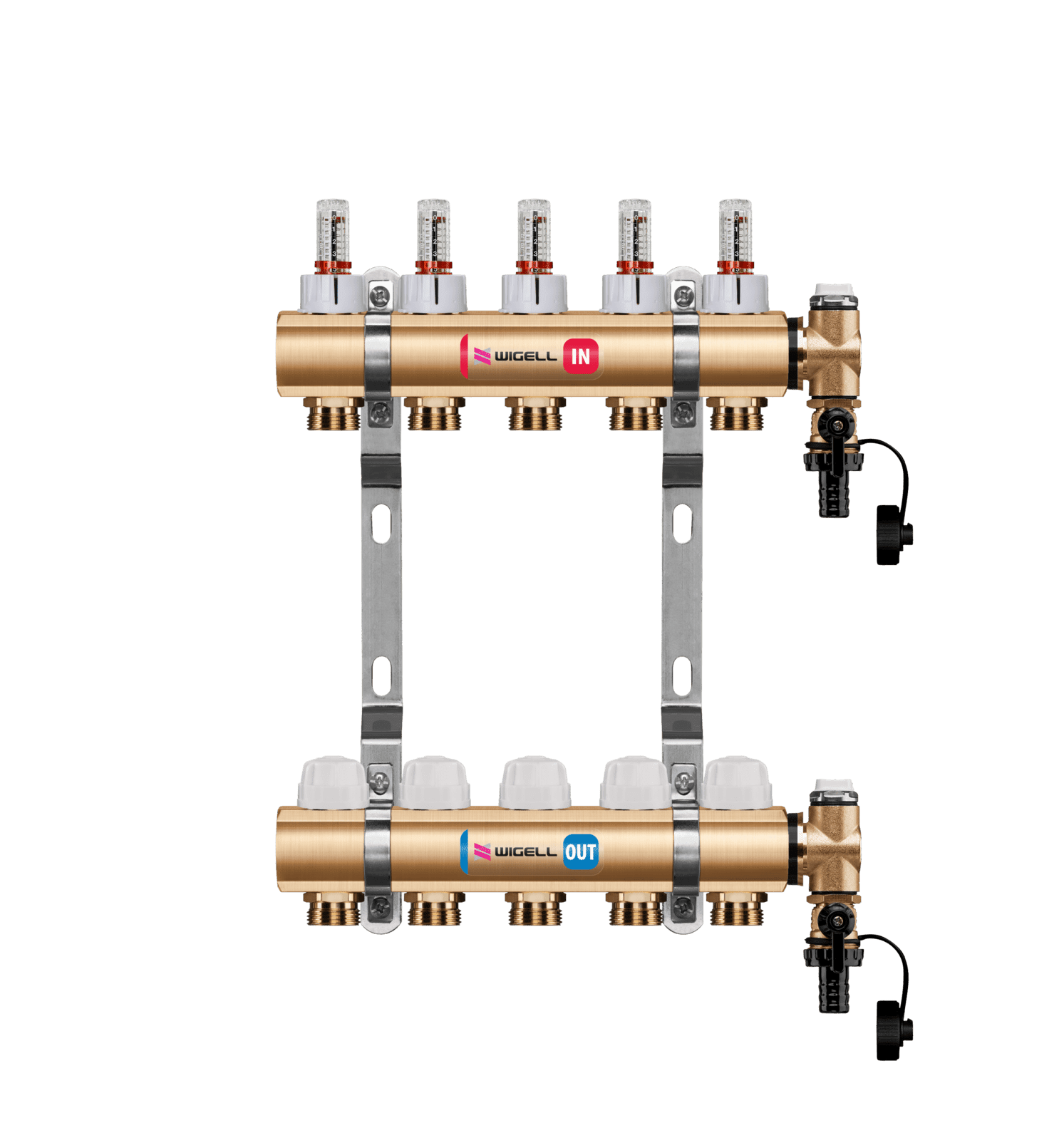 Podlahový rozdělovač WIGELL, 5 okruhů, mosazný + odvzdušňování na klíč