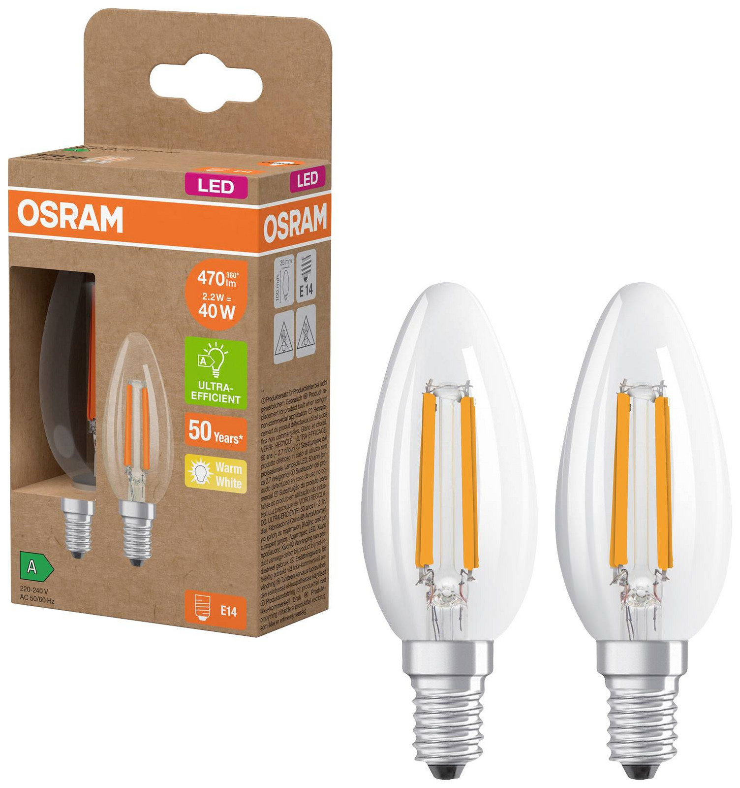 OSRAM 4099854255472 LED Energetická třída (EEK2021) A (A - G) E14 svíčkový tvar 2.2 W = 40 W teplá bílá (Ø x v) 35 mm x 35 mm 2 ks