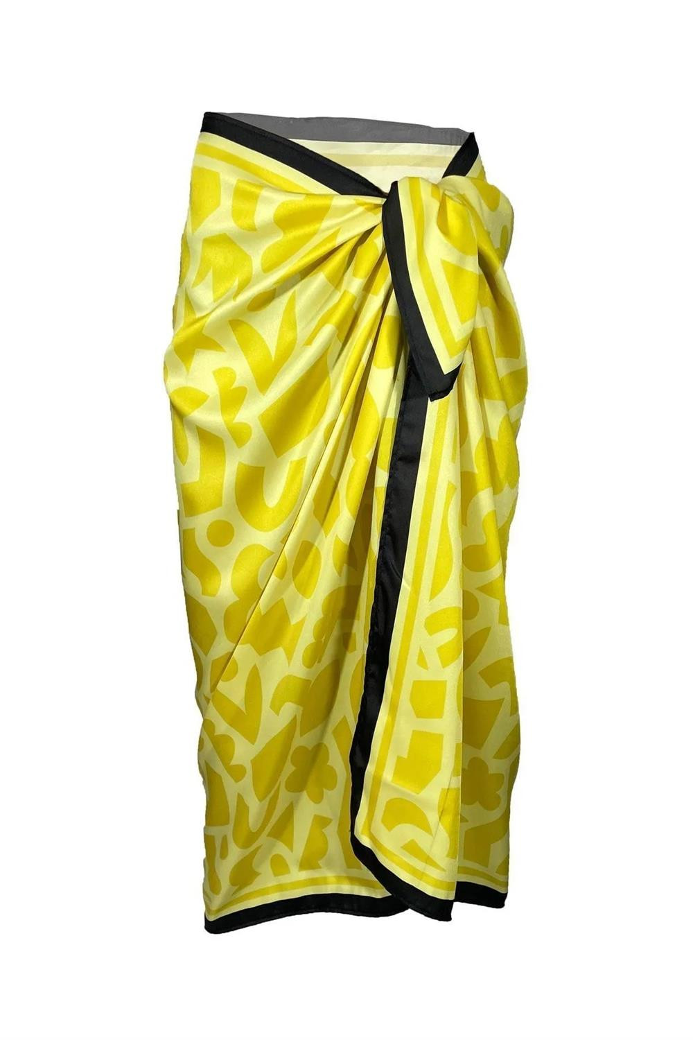 71058 Dewberry Patterned Shiny Fabric Women Pareo-YELLOW