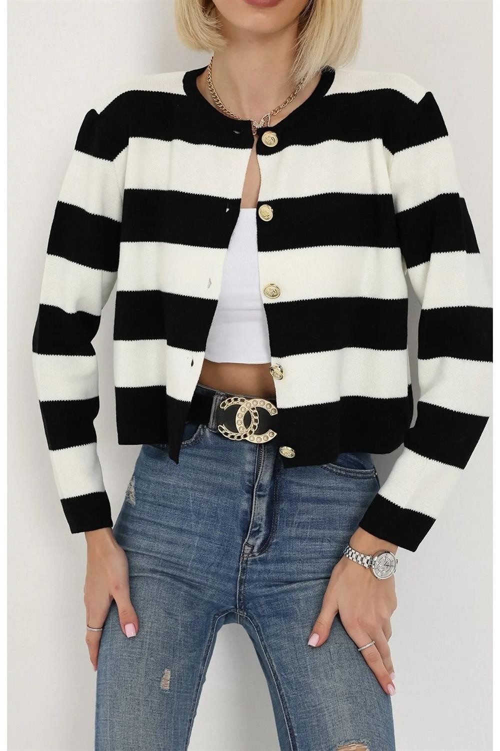 74390 Dewberry Crew Neck Striped Crop Cardigan-BLACK