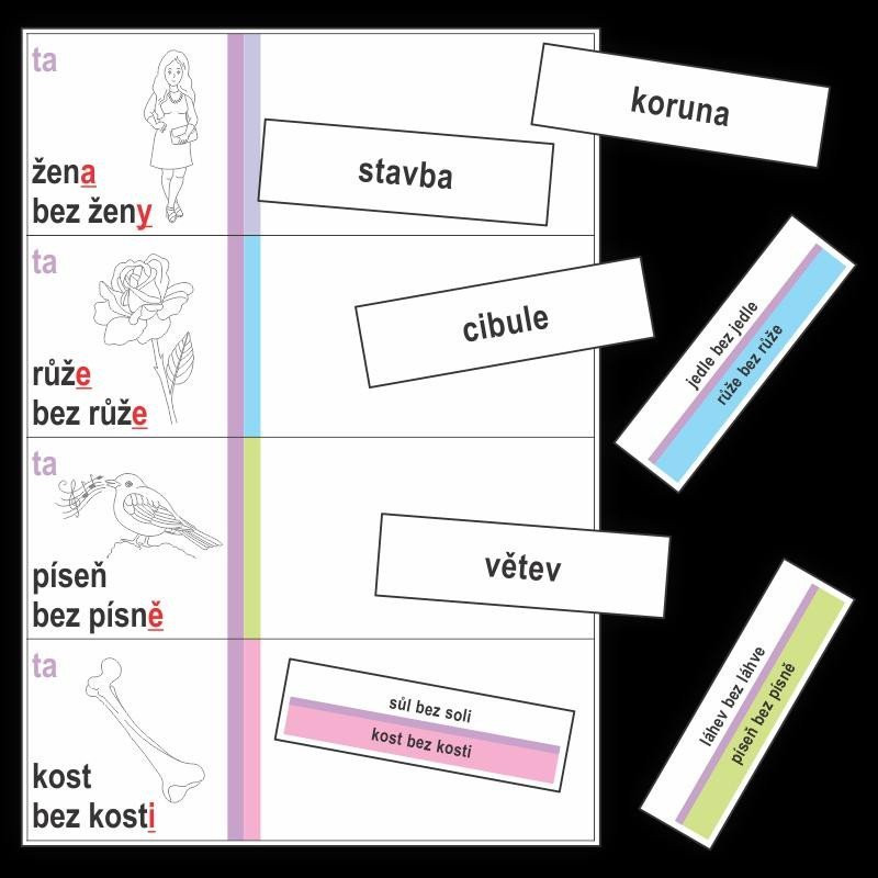 Vzory podstatných jmen - kartičky k procvičování třídění slov podle vzorů podstatných jmen - Jitka Rubínová