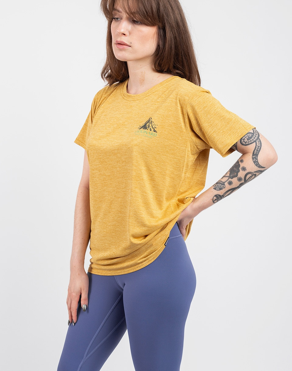 Patagonia W's Cap Cool Daily Graphic Shirt - Lands Chouinard Crest: Beeswax Tan X-Dye L