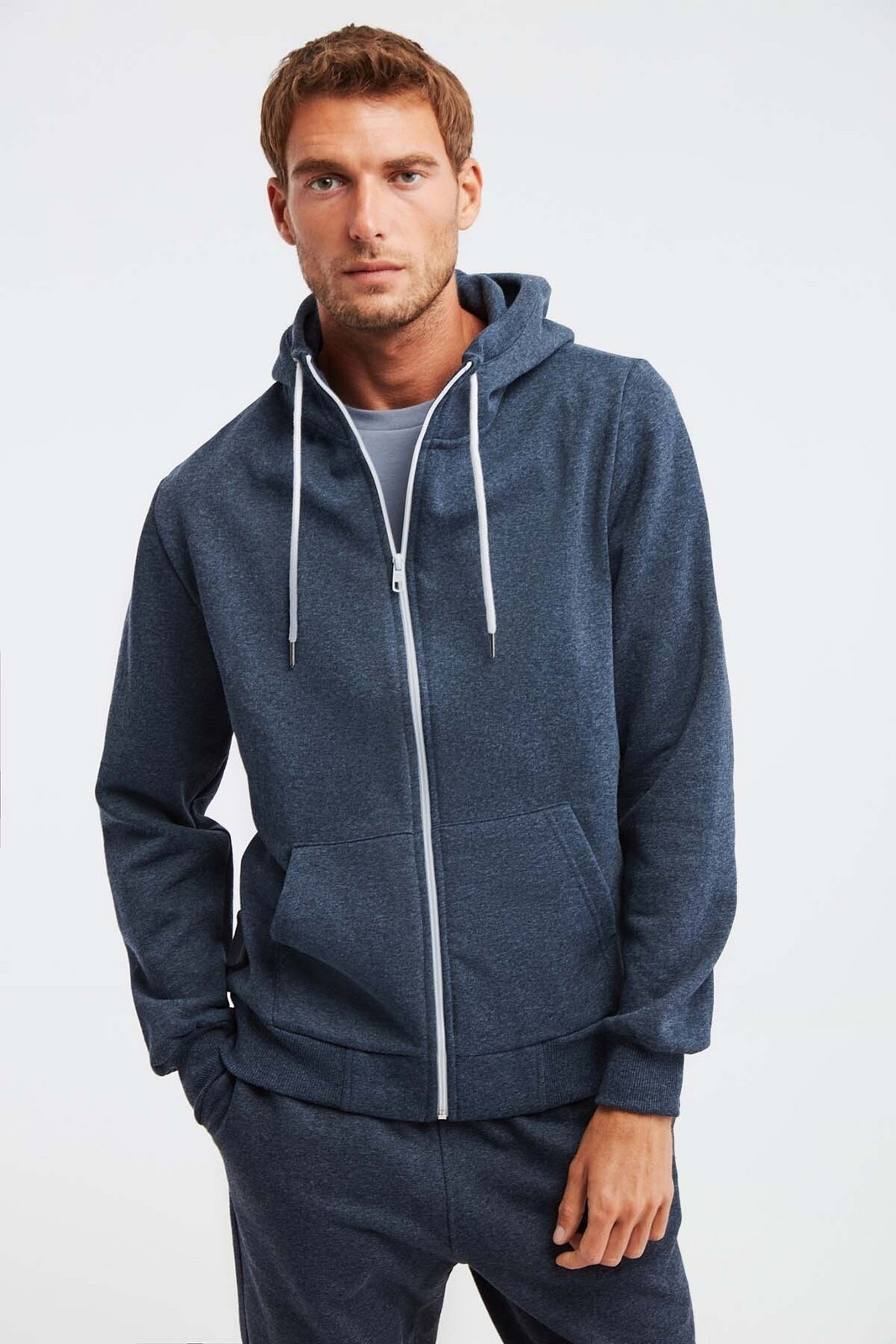 GRIMELANGE Core Men's Zippered High Collar Hooded Drawstring Fleece Inner Navy Blue Sweatshirt