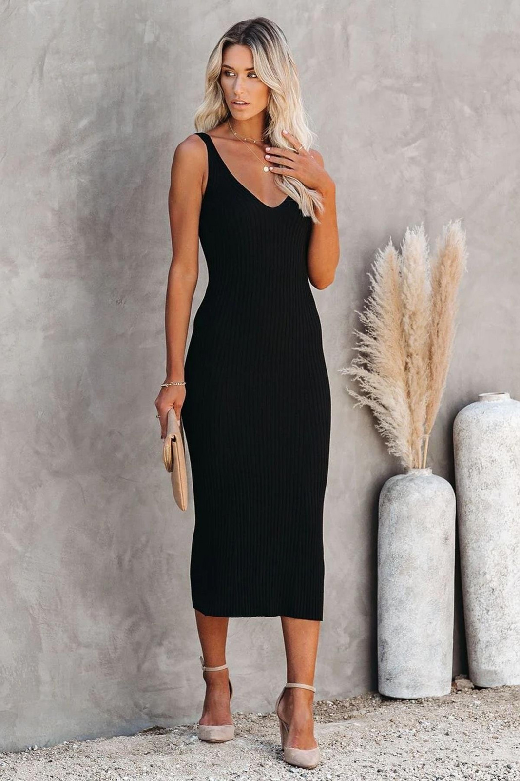 Madmext Black V-Neck Strap Knitwear Long Dress