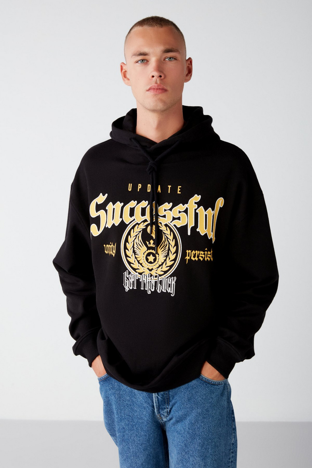 GRIMELANGE Persısted Men's College Printed Hooded Black Sweatshirt with Fleece Inside