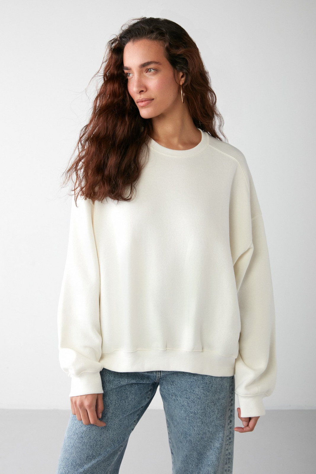 GRIMELANGE Susana Women's Crew Neck With Fleece Inside Oversize Fit Basic Vanilla Sweatshir