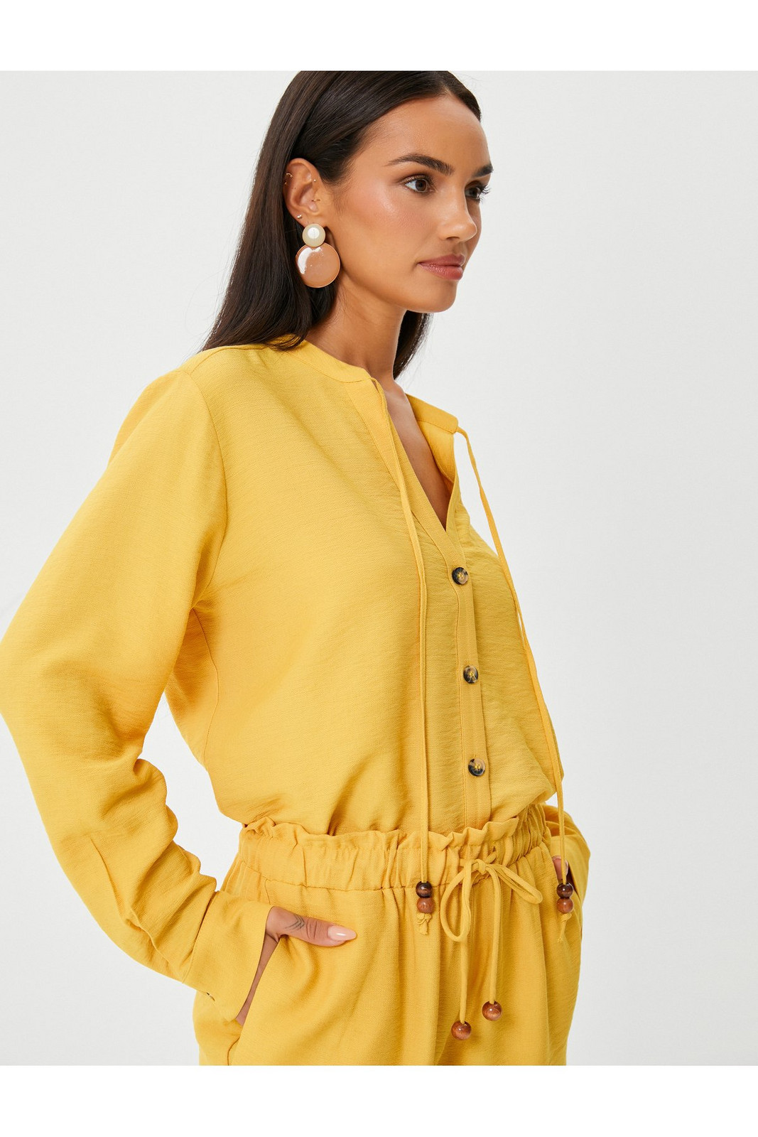 Koton Long Sleeve Shirt Buttoned Viscose Blended Bead Tie Detail