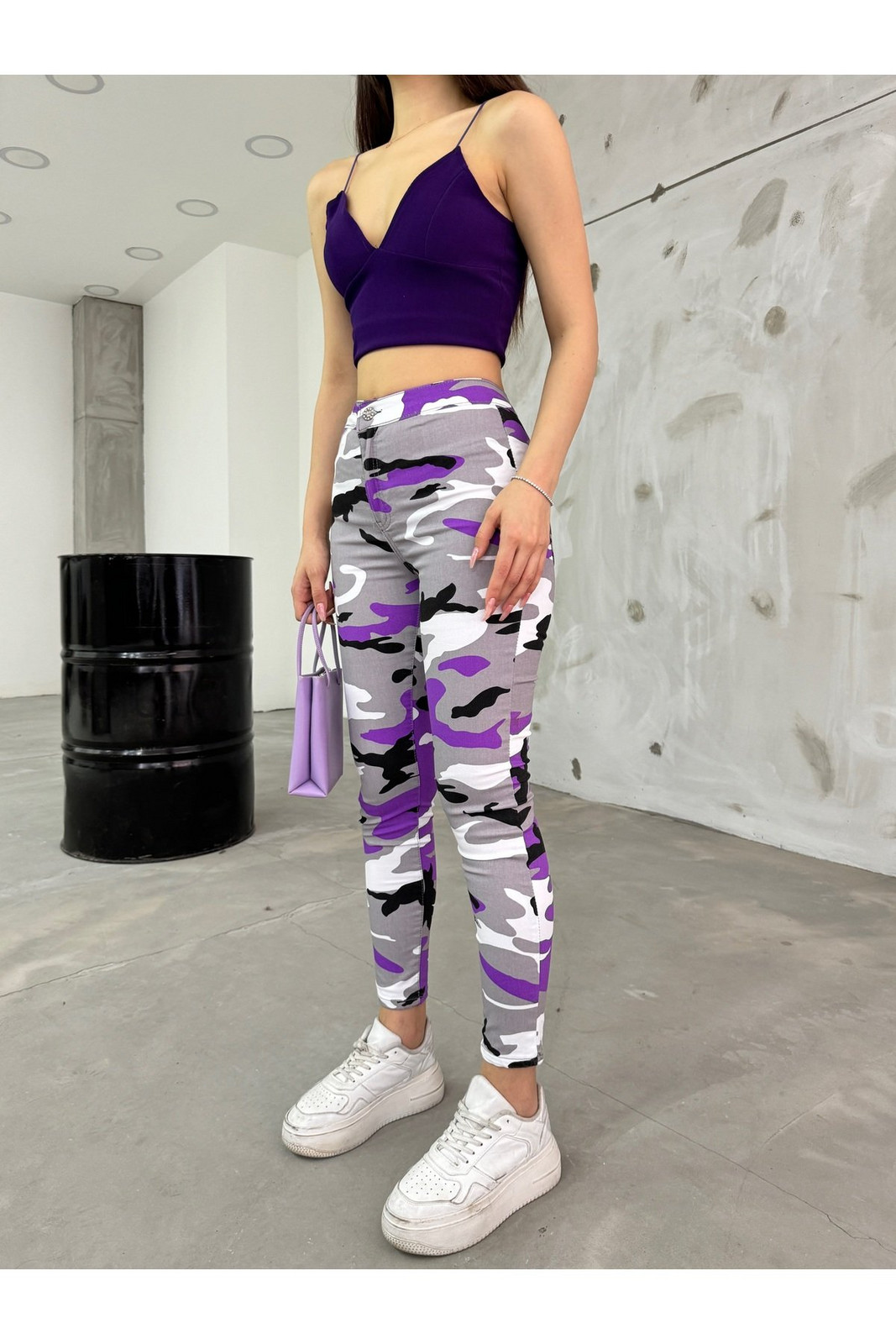 BİKELİFE Lilac Camouflage Pattern Gabardine Leggings Pants