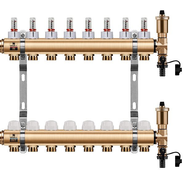 Podlahový rozdělovač WIGELL, 8 okruhů, mosazný + odvzdušňování na klíč