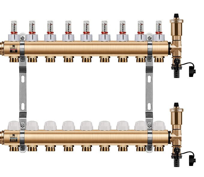 Podlahový rozdělovač WIGELL, 9 okruhů, mosazný + odvzdušňování na klíč