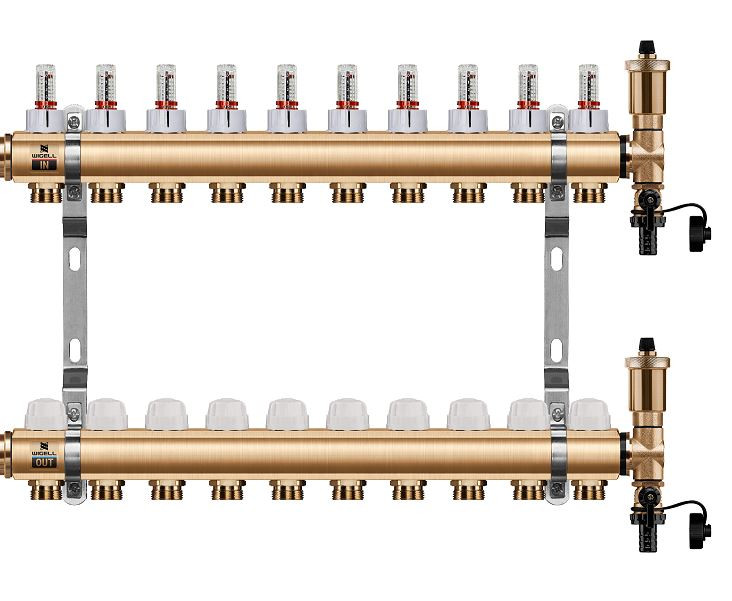 Podlahový rozdělovač WIGELL, 10 okruhů, mosazný + automatické odvzdušňování