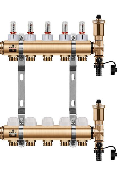 Podlahový rozdělovač WIGELL, 5 okruhů, mosazný + automatické odvzdušňování