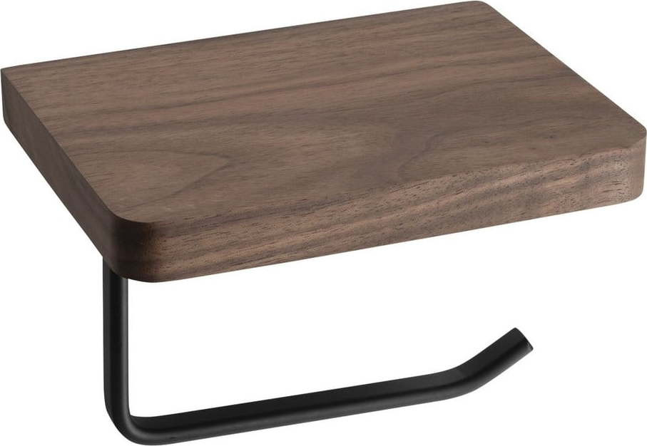 Hnědý nástěnný dřevěný držák na toaletní papír s poličkou – Sapho