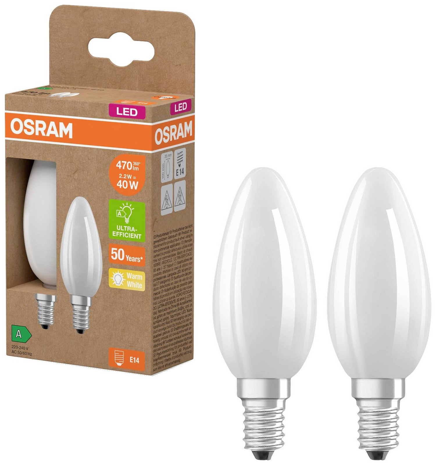 OSRAM 4099854253805 LED Energetická třída (EEK2021) A (A - G) E14 svíčkový tvar 2.2 W = 40 W teplá bílá (Ø x v) 35 mm x 35 mm 2 ks