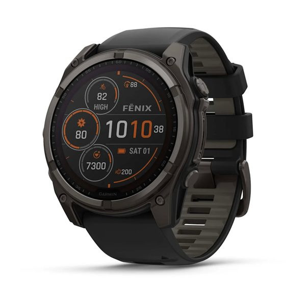 Fenix® 8 – 51 mm, Solar, Sapphire Sapphire, Carbon grey DLC titanium s Black/Grey silikonovým řemínkem 010-02907-11