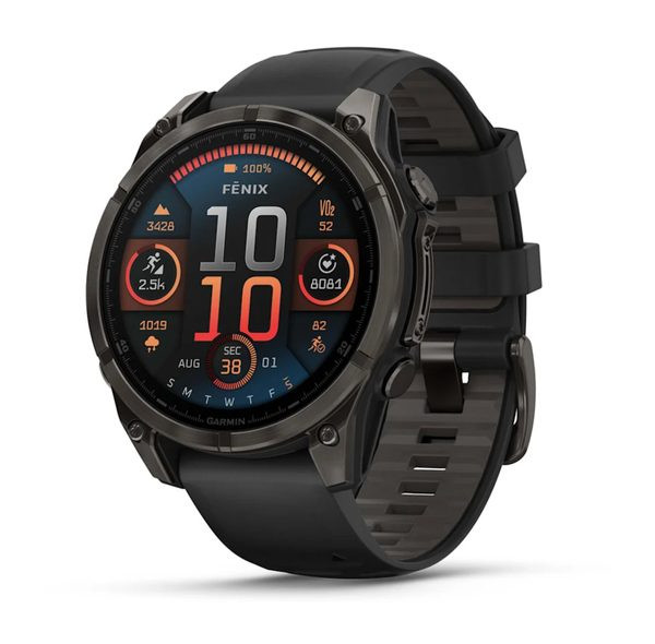 Fenix® 8 – 47 mm, AMOLED Sapphire, Carbon grey DLC titanium s Black/Gray silikonovým řemínkem 010-02904-21