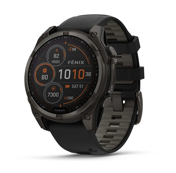 Fenix® 8 – 47 mm, Solar, Sapphire Sapphire, Carbon grey DLC titanium s Black/Gray silikonovým řemínkem 010-02906-11