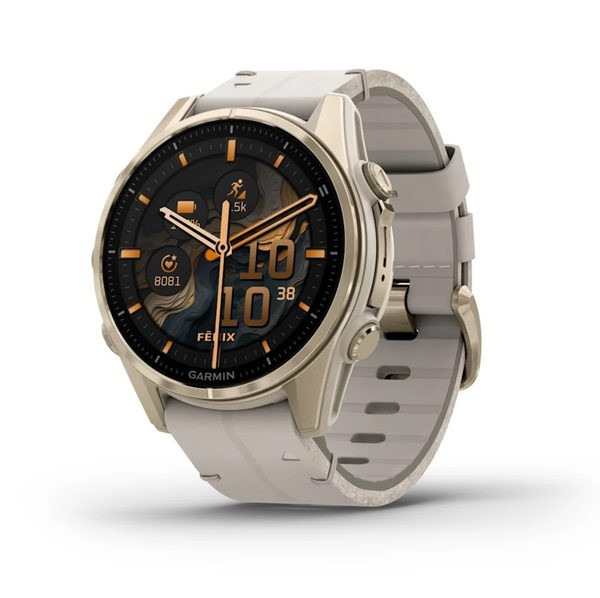 Fenix® 8 – 43 mm, AMOLED Sapphire, Soft Gold / Limestone s koženým řemínkem 010-02903-40