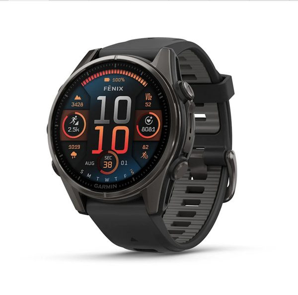 Fenix® 8 – 43 mm, AMOLED Sapphire, Carbon grey DLC titanium, Black / Pebble grey se silikonovým řemínkem 010-02903-21