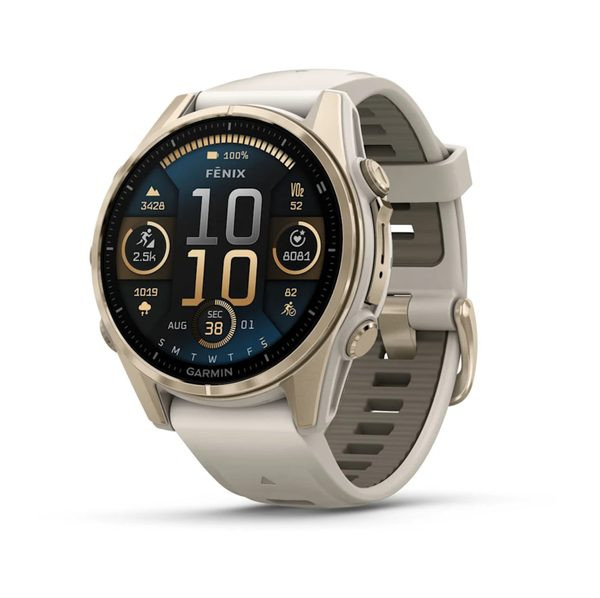 Fenix® 8 – 43 mm, AMOLED Sapphire, Soft Gold / Fog grey se silikonovým řemínkem 010-02903-11