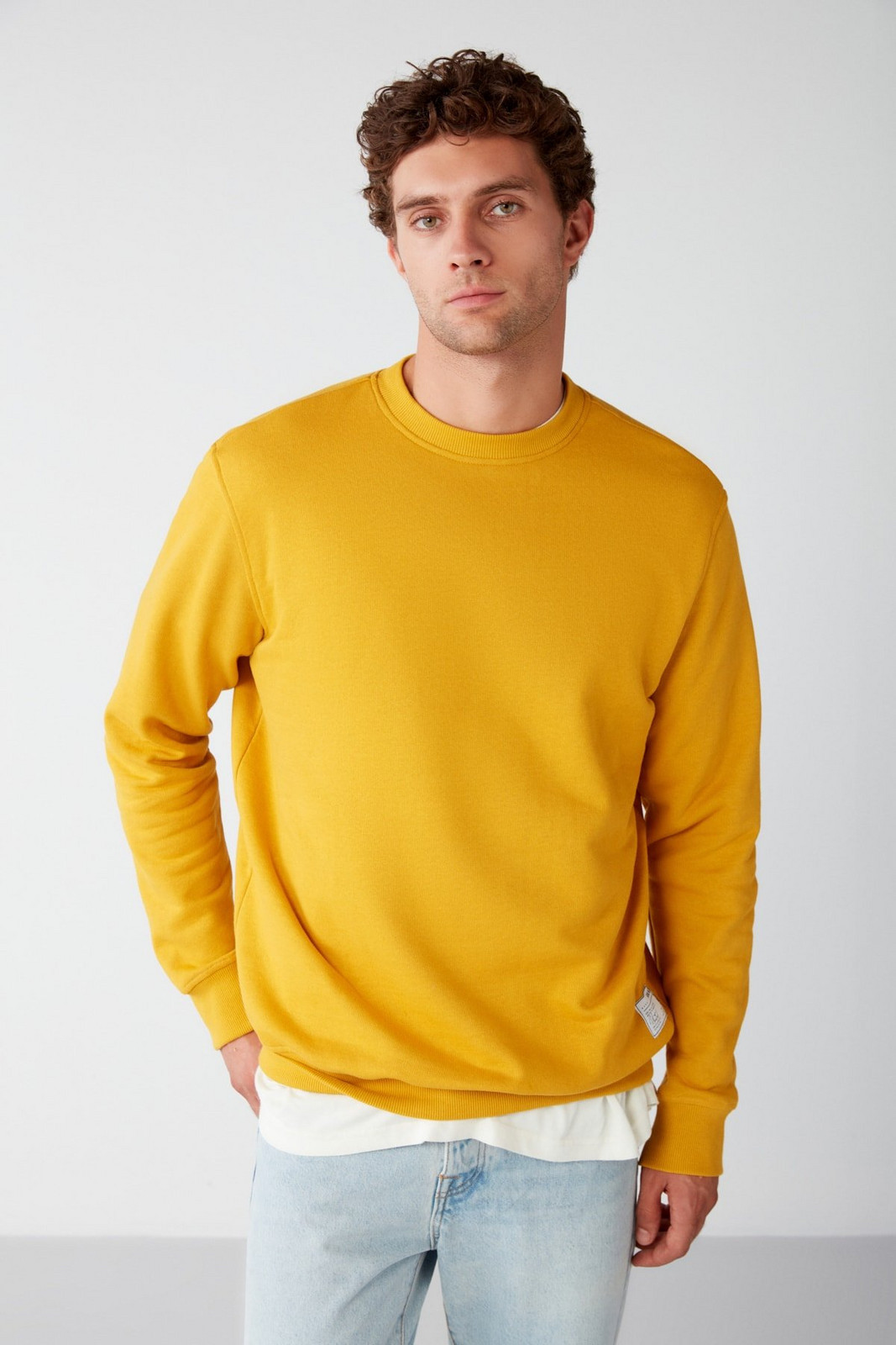 GRIMELANGE Travis Men's Soft Fabric Regular Fit Round Neck Saffron Yellow Sweatshir