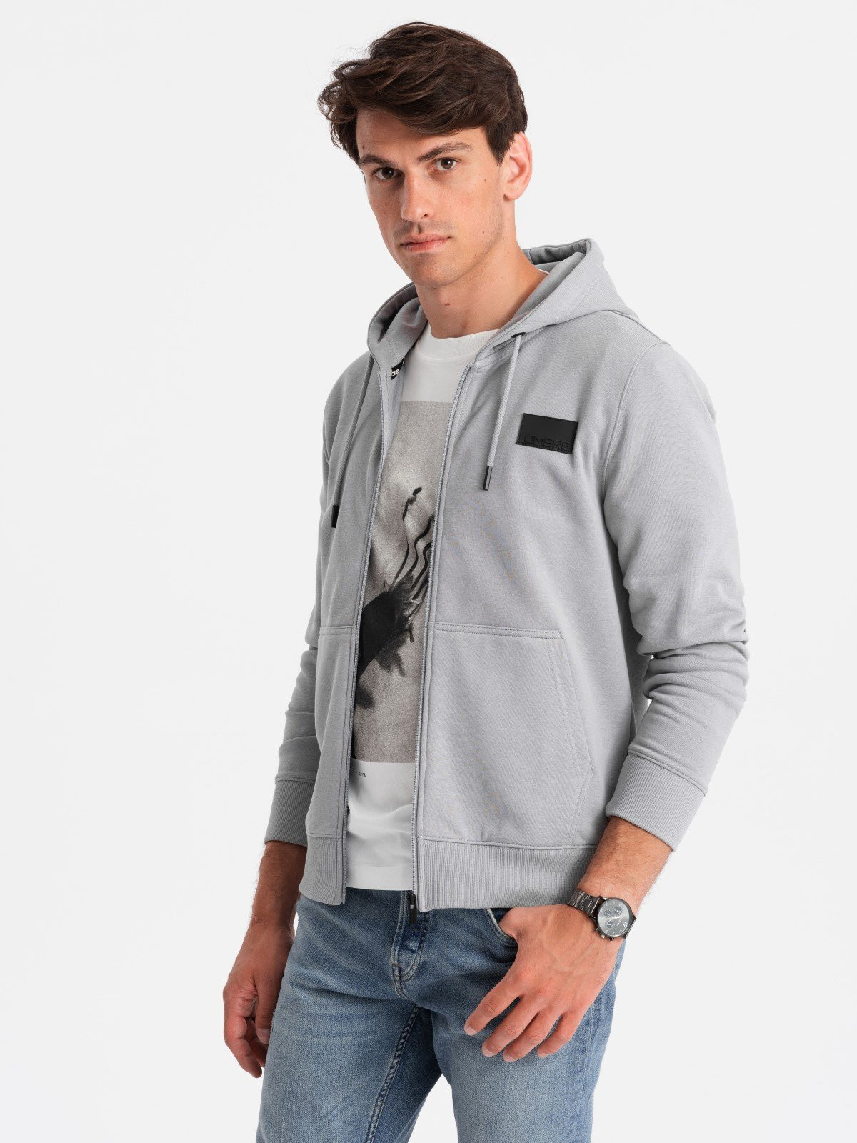 Ombre Men's unbuttoned sweatshirt with hood and patch - grey