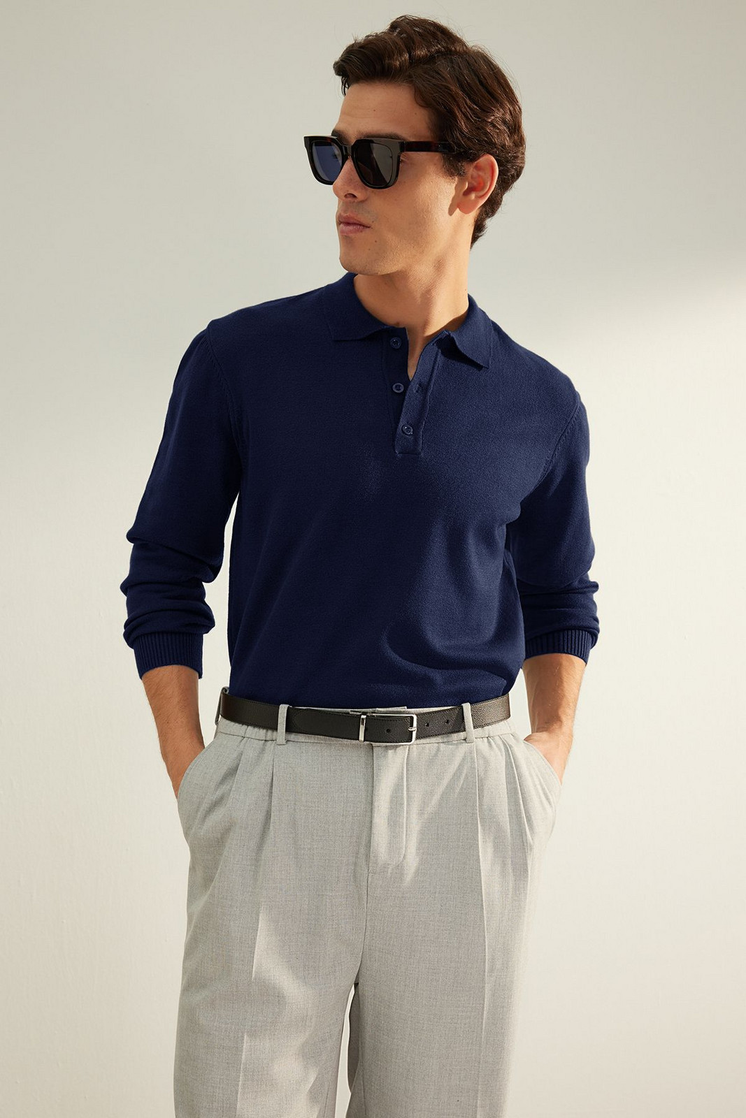 Trendyol Navy Blue FL Men's Regular Polo Collar Plain Knitwear Sweater