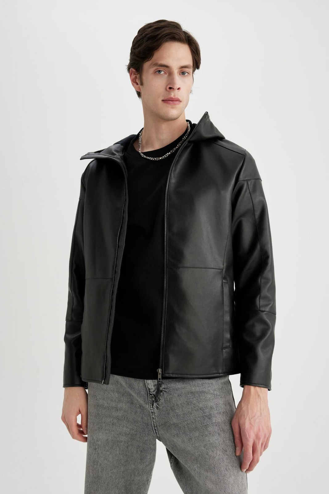 DEFACTO Slim Fit Hooded Faux Leather Jacket Coat