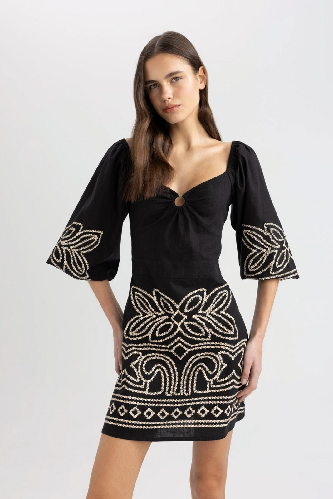 DEFACTO A-Line Sweetheart Neckline Ethnic Patterned Half Sleeve Mini Dress