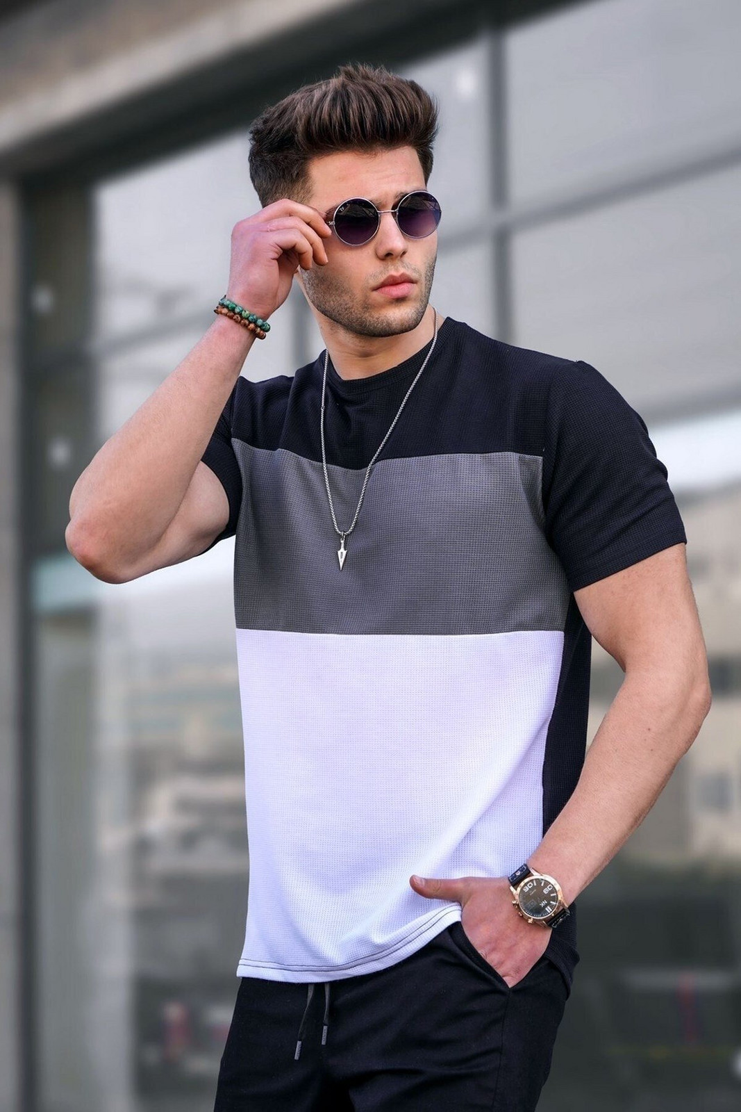 Madmext Men's Color Blocked Black T-Shirt 5826