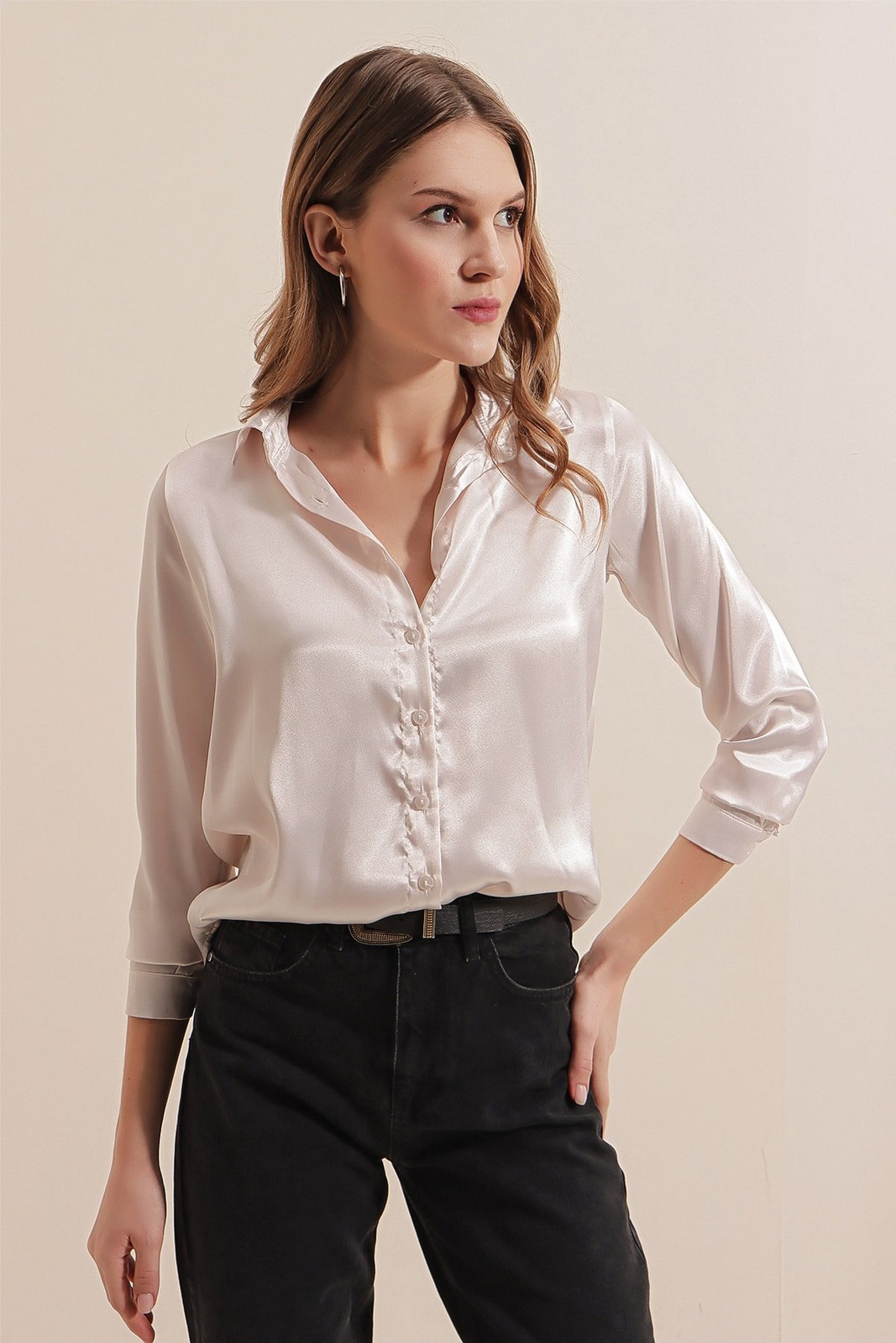 Bigdart 3964 Lightly Flowy Satin Shirt - Cream