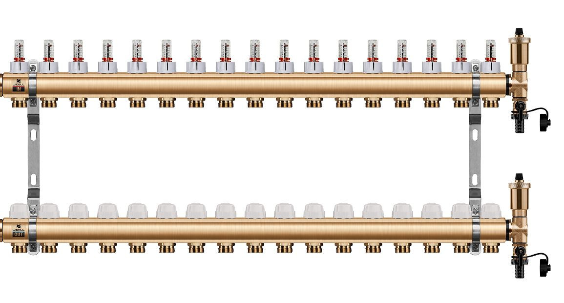 Podlahový rozdělovač WIGELL, 17 okruhů, mosazný + automatické odvzdušňování