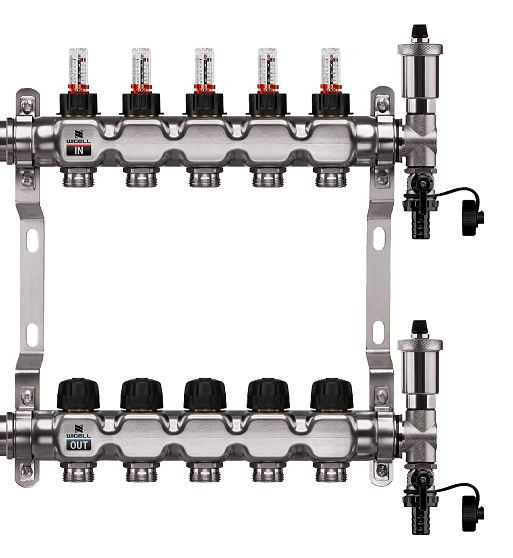 Podlahový rozdělovač WIGELL, 5 okruhů, nerez + automatické odvzdušňování