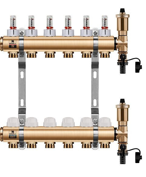 Podlahový rozdělovač WIGELL, 6 okruhů, mosazný + automatické odvzdušňování