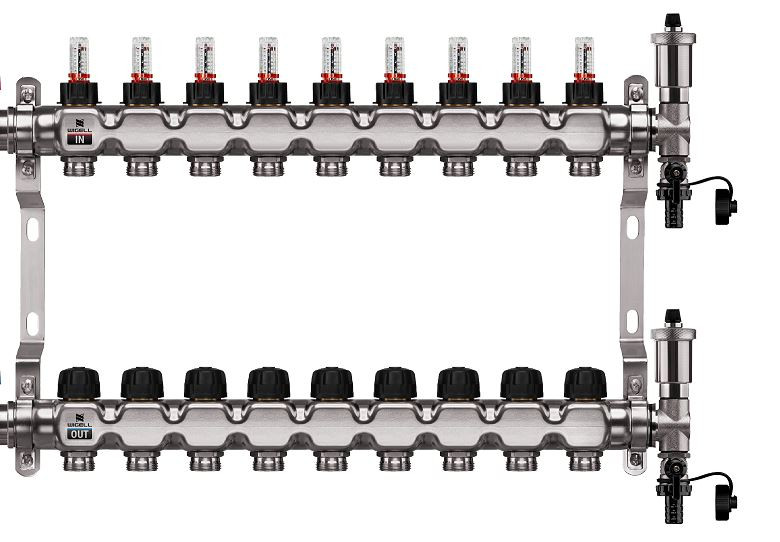 Podlahový rozdělovač WIGELL, 9 okruhů, nerez + odvzdušňování na klíč