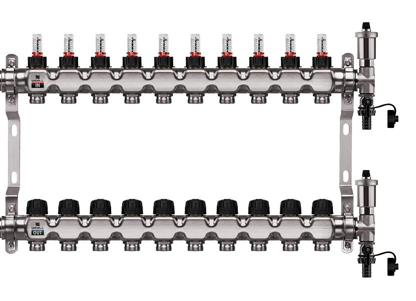 Podlahový rozdělovač WIGELL, 10 okruhů, nerez + automatické odvzdušňování