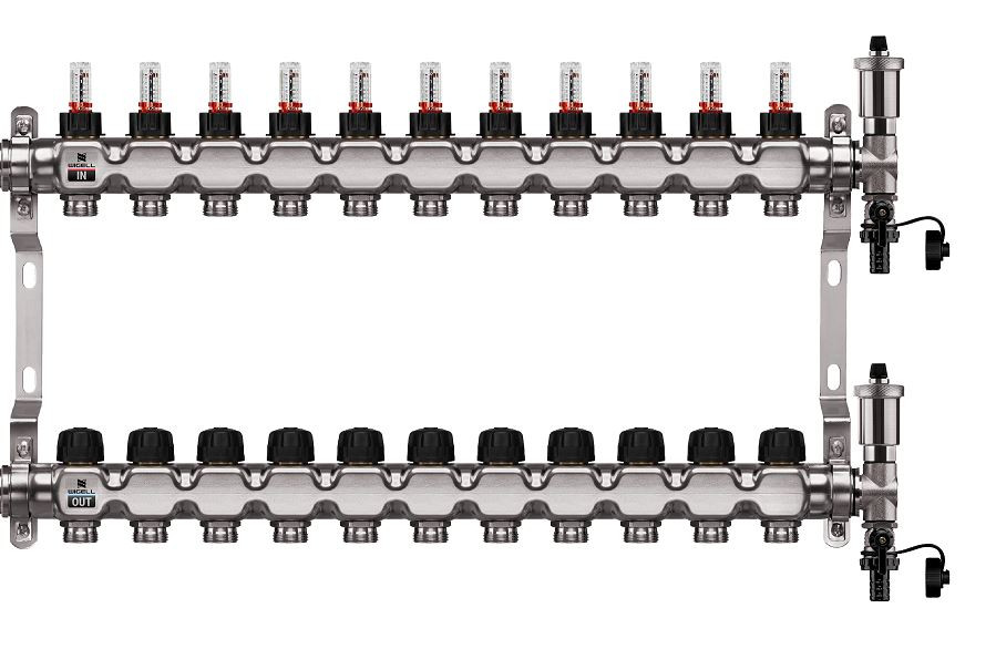 Podlahový rozdělovač WIGELL, 11 okruhů, nerez + automatické odvzdušňování