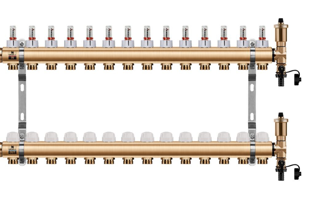 Podlahový rozdělovač WIGELL, 14 okruhů, mosazný + automatické odvzdušňování