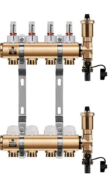 Podlahový rozdělovač WIGELL, 4 okruhy, mosazný + automatické odvzdušňování