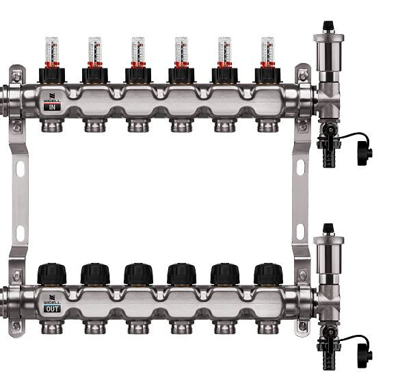 Podlahový rozdělovač WIGELL, 6 okruhů, nerez + automatické odvzdušňování