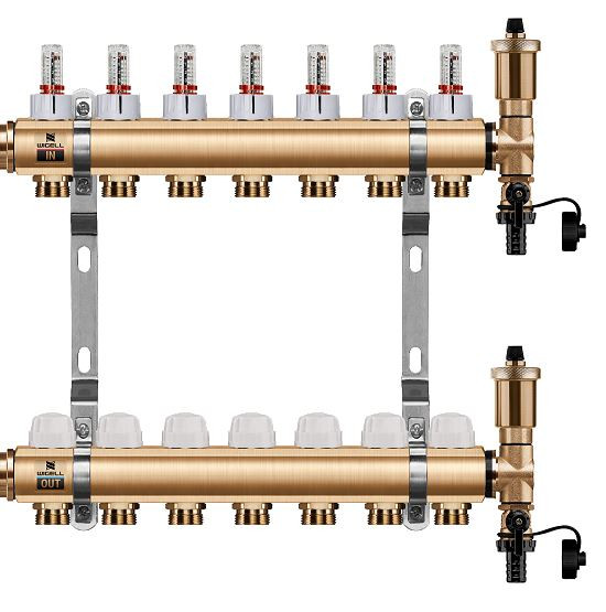 Podlahový rozdělovač WIGELL, 7 okruhů, mosazný + automatické odvzdušňování
