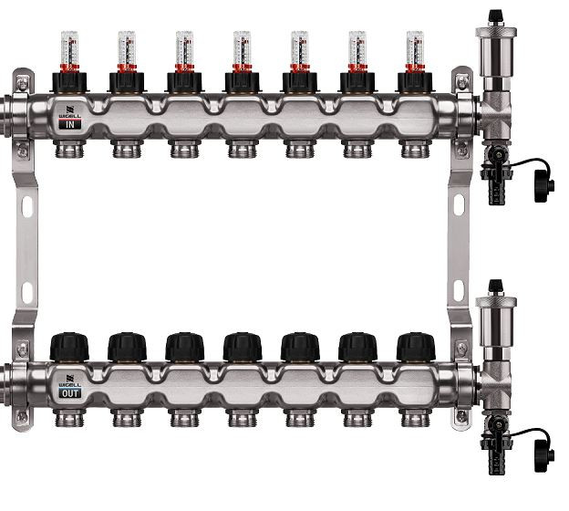 Podlahový rozdělovač WIGELL, 7 okruhů, nerez + automatické odvzdušňování