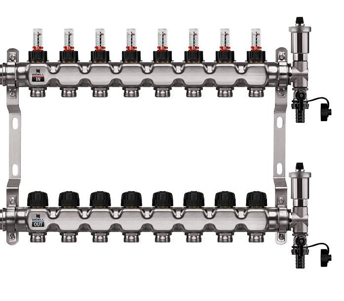 Podlahový rozdělovač WIGELL, 8 okruhů, nerez + automatické odvzdušňování