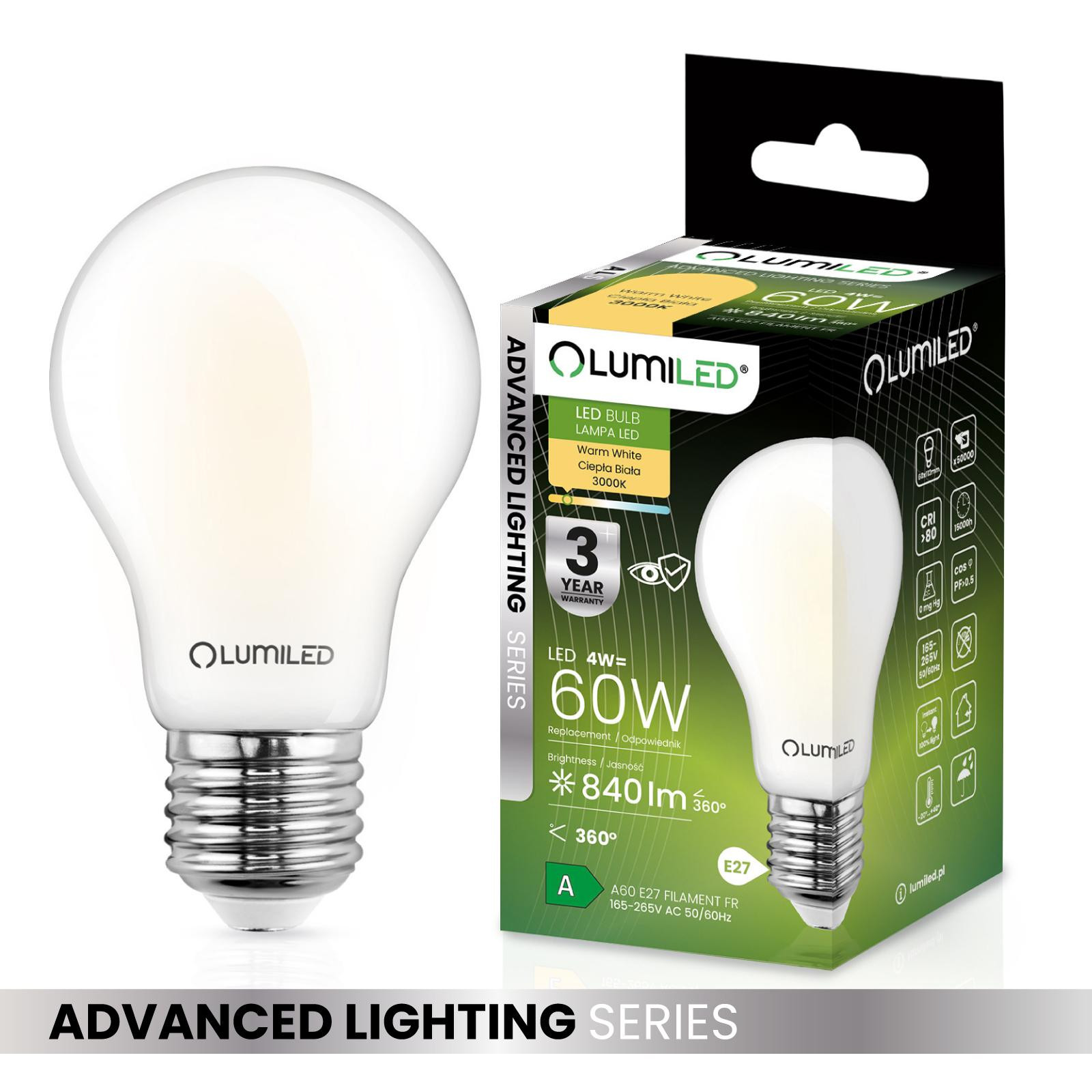 LED žárovka LED E27 A60 4W = 60W 840lm 3000K Teplá bílá 360° skleněné Filament ALS LUMILED