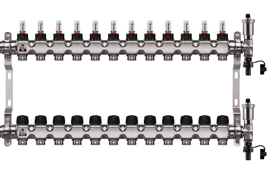Podlahový rozdělovač WIGELL, 12 okruhů, nerez + odvzdušňování na klíč